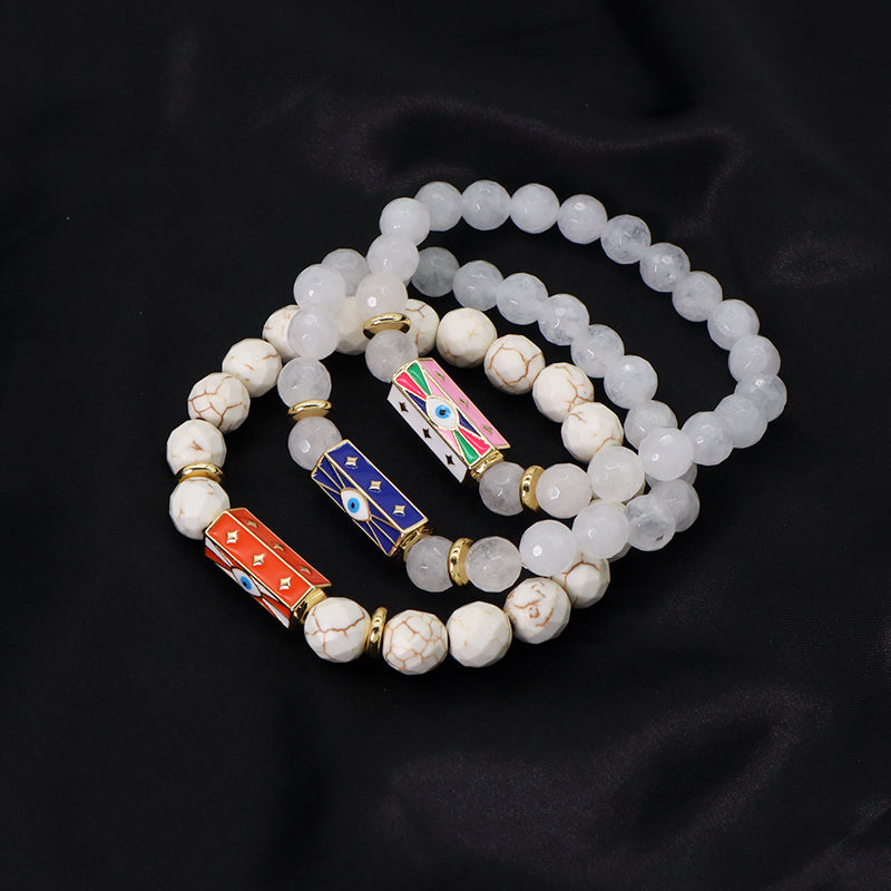 Natural Stone Bracelet Various Gemstone Cute Design Bohemia Eye Love Amour Enamel Charm Beads Elastic Bracelet For Women Jewelry