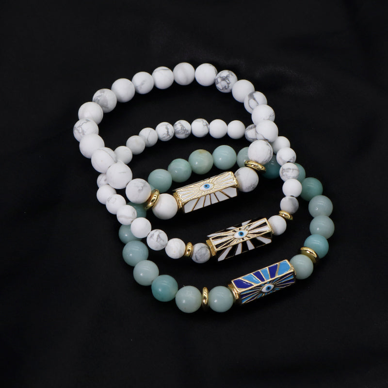 Natural Stone Bracelet Various Gemstone Cute Design Bohemia Eye Love Amour Enamel Charm Beads Elastic Bracelet For Women Jewelry