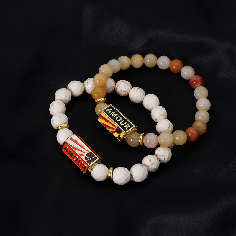 Natural Stone Bracelet Various Gemstone Cute Design Bohemia Eye Love Amour Enamel Charm Beads Elastic Bracelet For Women Jewelry