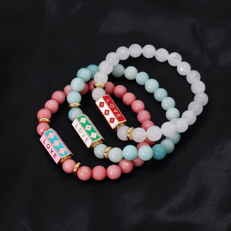 Natural Stone Bracelet Various Gemstone Cute Design Bohemia Eye Love Amour Enamel Charm Beads Elastic Bracelet For Women Jewelry