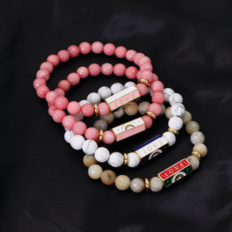 Natural Stone Bracelet Various Gemstone Cute Design Bohemia Eye Love Amour Enamel Charm Beads Elastic Bracelet For Women Jewelry