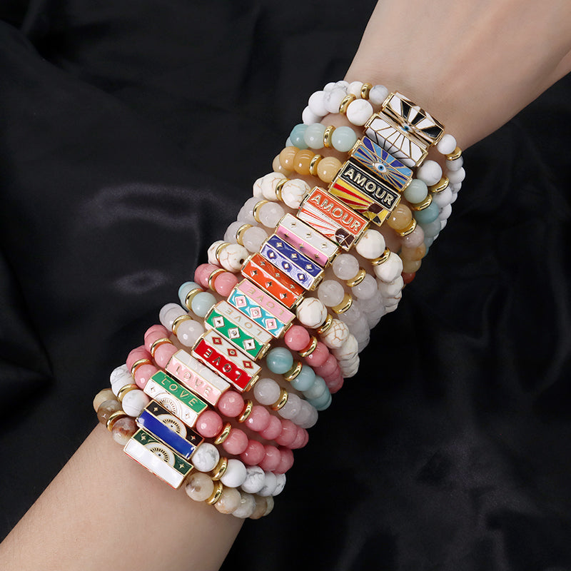 Natural Stone Bracelet Various Gemstone Cute Design Bohemia Eye Love Amour Enamel Charm Beads Elastic Bracelet For Women Jewelry