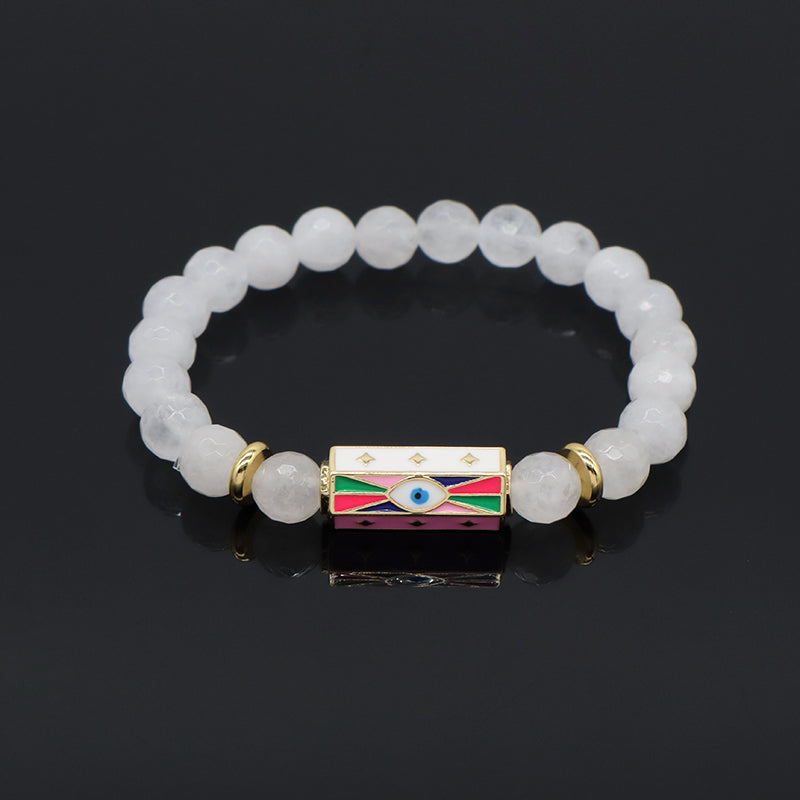 Natural Stone Bracelet Various Gemstone Cute Design Bohemia Eye Love Amour Enamel Charm Beads Elastic Bracelet For Women Jewelry