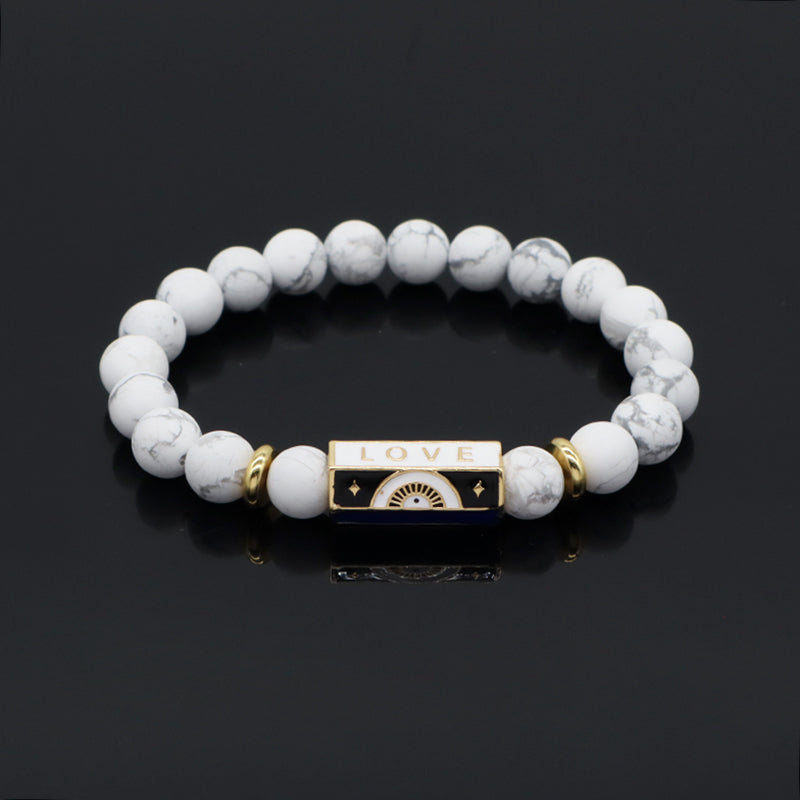 Natural Stone Bracelet Various Gemstone Cute Design Bohemia Eye Love Amour Enamel Charm Beads Elastic Bracelet For Women Jewelry