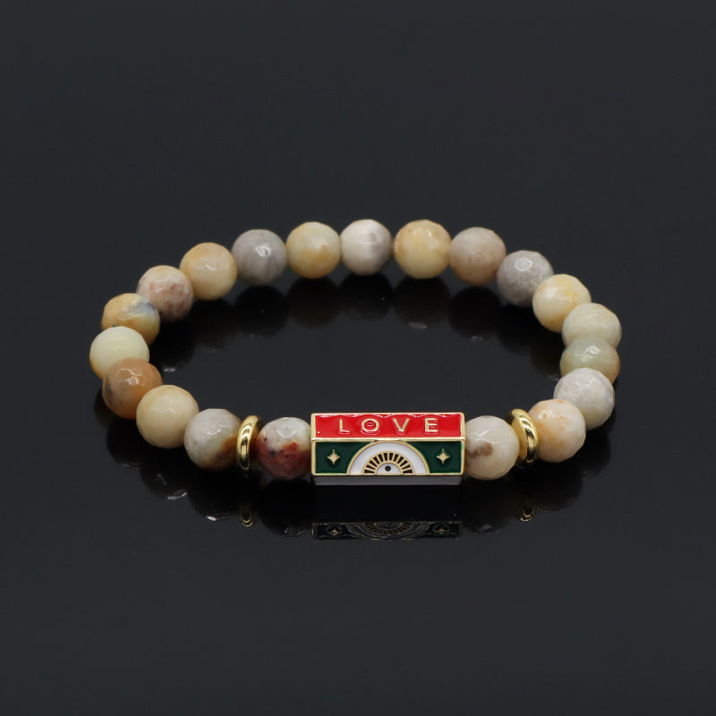 Natural Stone Bracelet Various Gemstone Cute Design Bohemia Eye Love Amour Enamel Charm Beads Elastic Bracelet For Women Jewelry