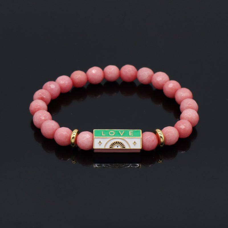 Natural Stone Bracelet Various Gemstone Cute Design Bohemia Eye Love Amour Enamel Charm Beads Elastic Bracelet For Women Jewelry