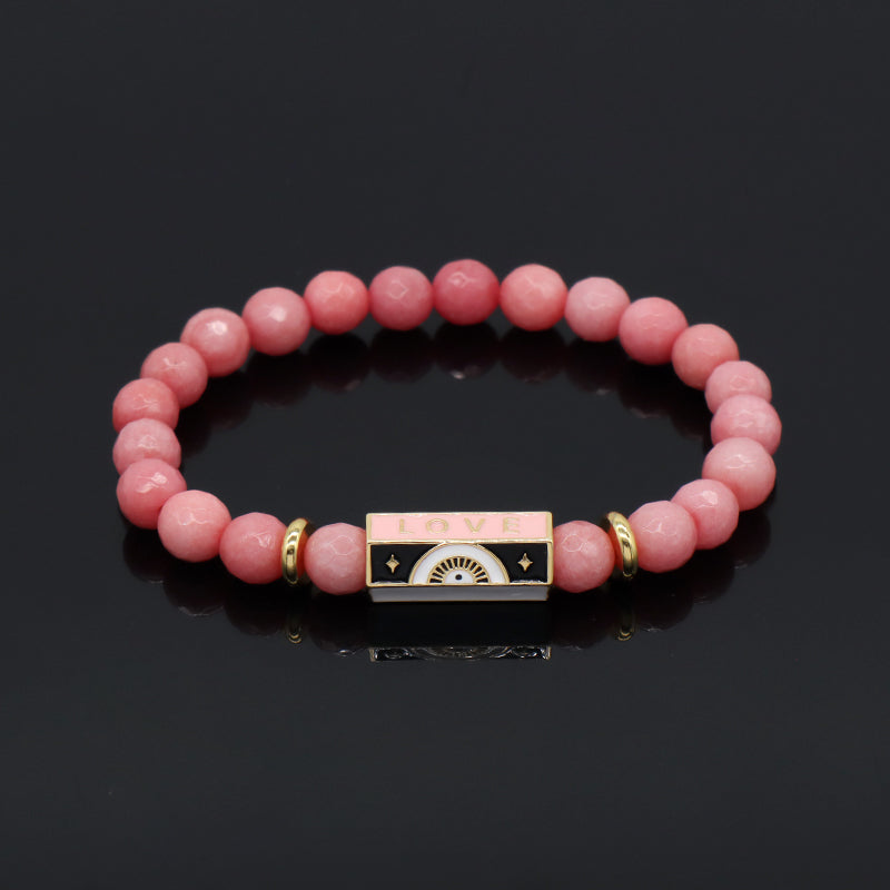 Natural Stone Bracelet Various Gemstone Cute Design Bohemia Eye Love Amour Enamel Charm Beads Elastic Bracelet For Women Jewelry