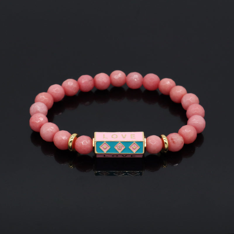 Natural Stone Bracelet Various Gemstone Cute Design Bohemia Eye Love Amour Enamel Charm Beads Elastic Bracelet For Women Jewelry