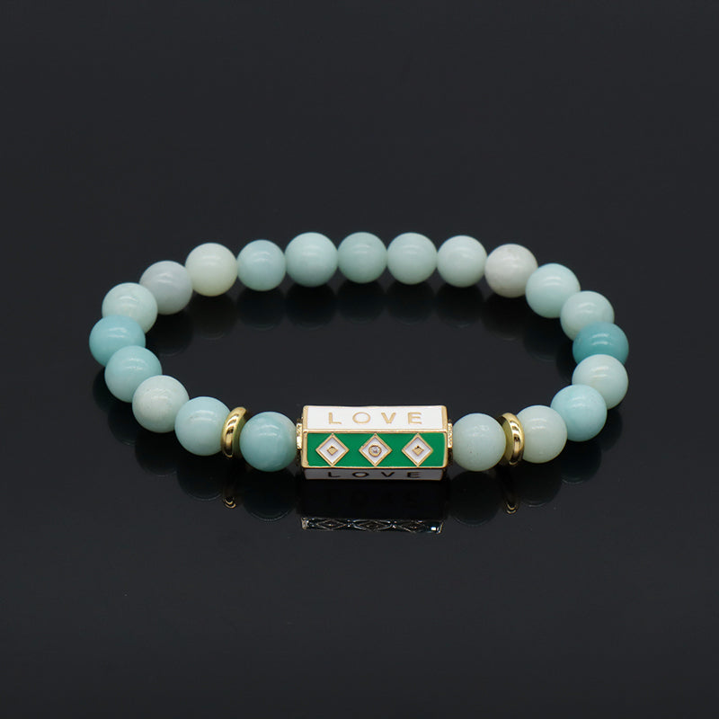 Natural Stone Bracelet Various Gemstone Cute Design Bohemia Eye Love Amour Enamel Charm Beads Elastic Bracelet For Women Jewelry