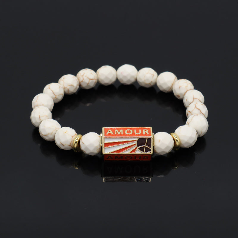 Natural Stone Bracelet Various Gemstone Cute Design Bohemia Eye Love Amour Enamel Charm Beads Elastic Bracelet For Women Jewelry