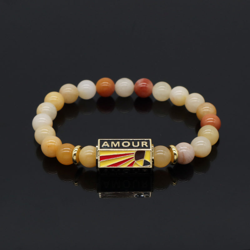 Natural Stone Bracelet Various Gemstone Cute Design Bohemia Eye Love Amour Enamel Charm Beads Elastic Bracelet For Women Jewelry