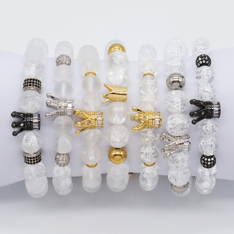 New Design Vintage Custom Stainless Steel Logo Gemstone CZ Crown Charm Healing Natural Agate Bead Macrame Bracelet For Women Men