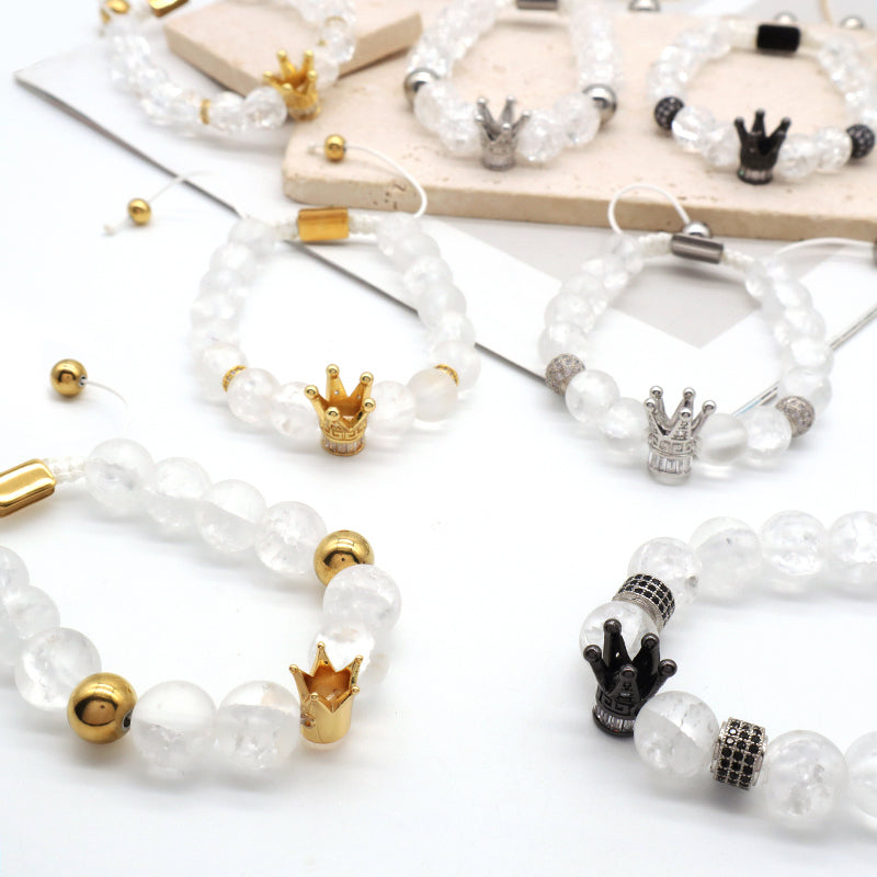 New Design Vintage Custom Stainless Steel Logo Gemstone CZ Crown Charm Healing Natural Agate Bead Macrame Bracelet For Women Men