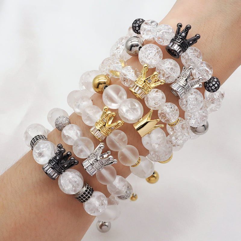 New Design Vintage Custom Stainless Steel Logo Gemstone CZ Crown Charm Healing Natural Agate Bead Macrame Bracelet For Women Men