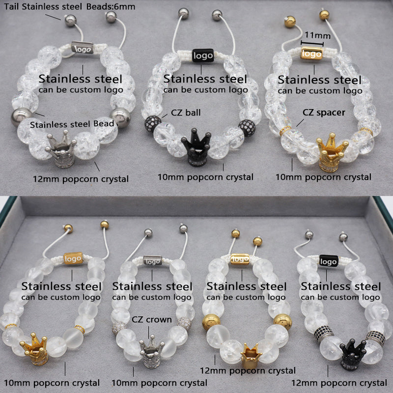 New Design Vintage Custom Stainless Steel Logo Gemstone CZ Crown Charm Healing Natural Agate Bead Macrame Bracelet For Women Men