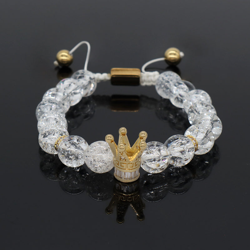New Design Vintage Custom Stainless Steel Logo Gemstone CZ Crown Charm Healing Natural Agate Bead Macrame Bracelet For Women Men