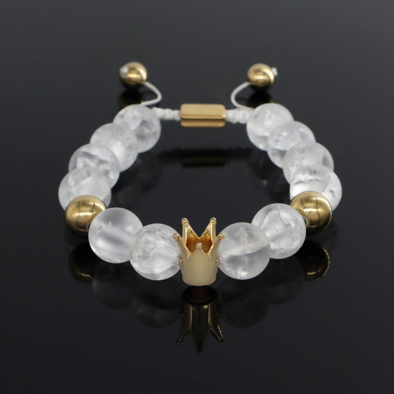 New Design Vintage Custom Stainless Steel Logo Gemstone CZ Crown Charm Healing Natural Agate Bead Macrame Bracelet For Women Men