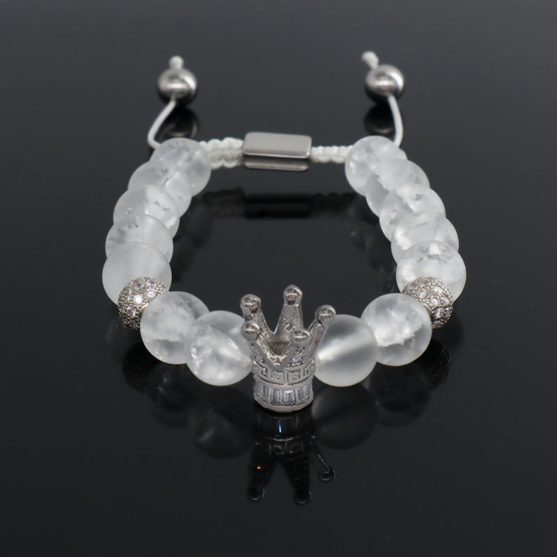 New Design Vintage Custom Stainless Steel Logo Gemstone CZ Crown Charm Healing Natural Agate Bead Macrame Bracelet For Women Men