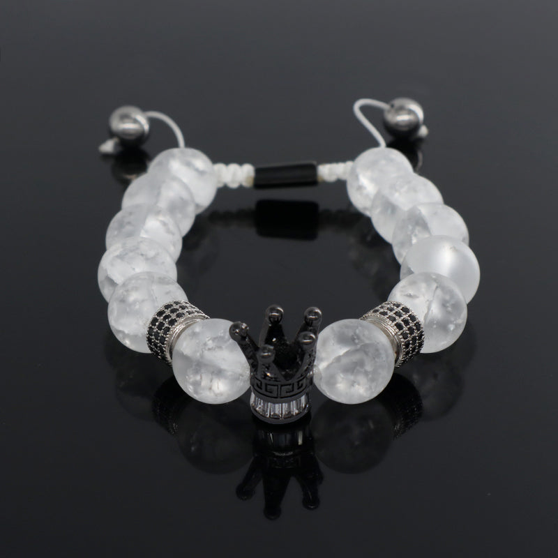 New Design Vintage Custom Stainless Steel Logo Gemstone CZ Crown Charm Healing Natural Agate Bead Macrame Bracelet For Women Men