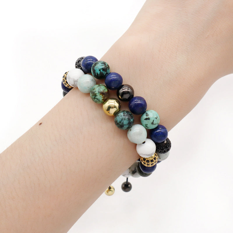 OEM Custom Stainless Steel Logo Mix Color 8mm Natural Stone Beads CZ Jewelry Ajustable Handmade Woven Men Women Macrame Bracelet