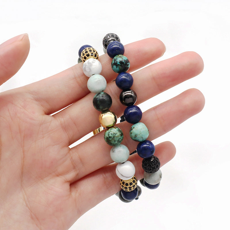 OEM Custom Stainless Steel Logo Mix Color 8mm Natural Stone Beads CZ Jewelry Ajustable Handmade Woven Men Women Macrame Bracelet