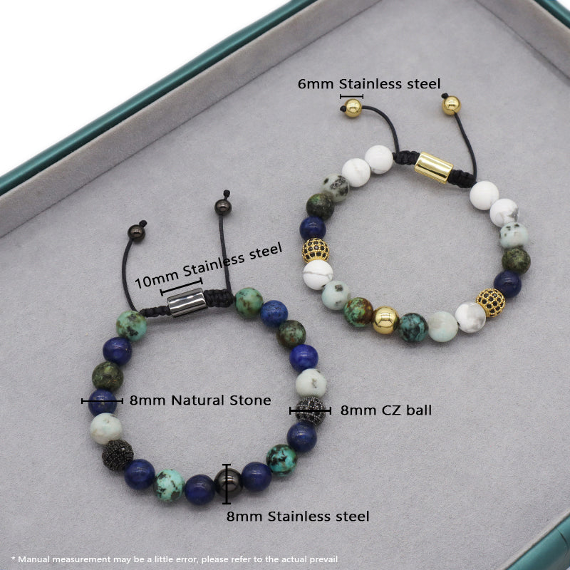 OEM Custom Stainless Steel Logo Mix Color 8mm Natural Stone Beads CZ Jewelry Ajustable Handmade Woven Men Women Macrame Bracelet