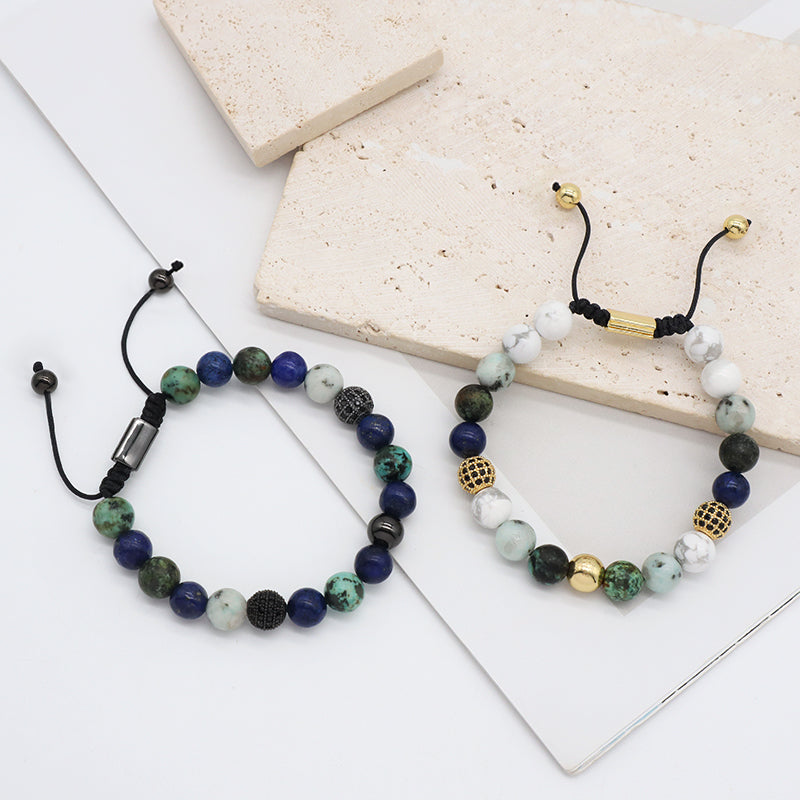OEM Custom Stainless Steel Logo Mix Color 8mm Natural Stone Beads CZ Jewelry Ajustable Handmade Woven Men Women Macrame Bracelet