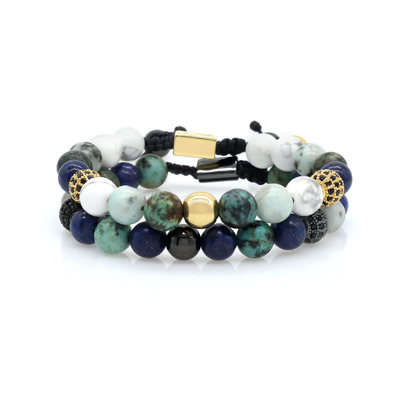 OEM Custom Stainless Steel Logo Mix Color 8mm Natural Stone Beads CZ Jewelry Ajustable Handmade Woven Men Women Macrame Bracelet