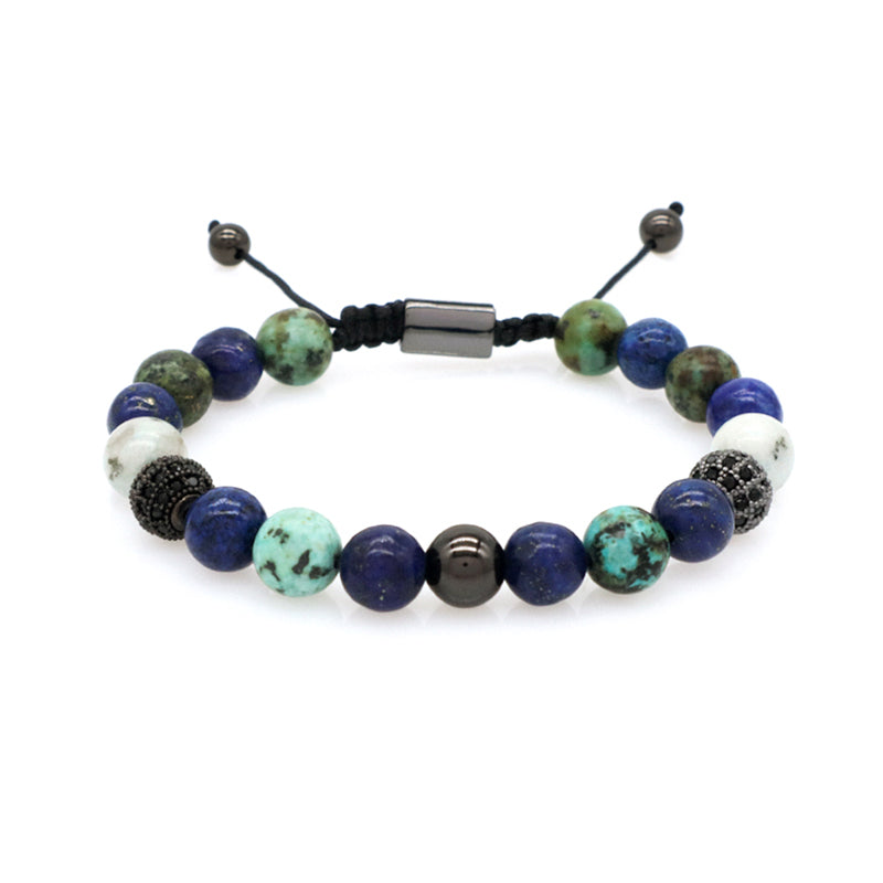 OEM Custom Stainless Steel Logo Mix Color 8mm Natural Stone Beads CZ Jewelry Ajustable Handmade Woven Men Women Macrame Bracelet