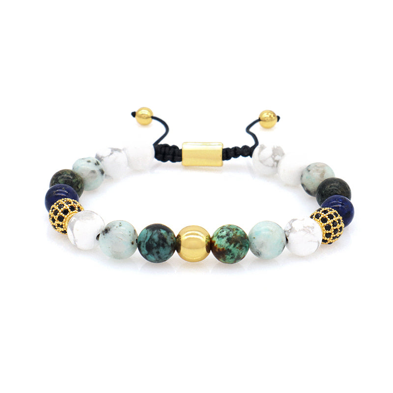 OEM Custom Stainless Steel Logo Mix Color 8mm Natural Stone Beads CZ Jewelry Ajustable Handmade Woven Men Women Macrame Bracelet