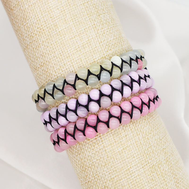 Friendship Handmade Woven Cord Custom Stainless Steel Logo 6mm Natural Colorful Jade Bead Gemstone Double Layer Macrame Bracelet