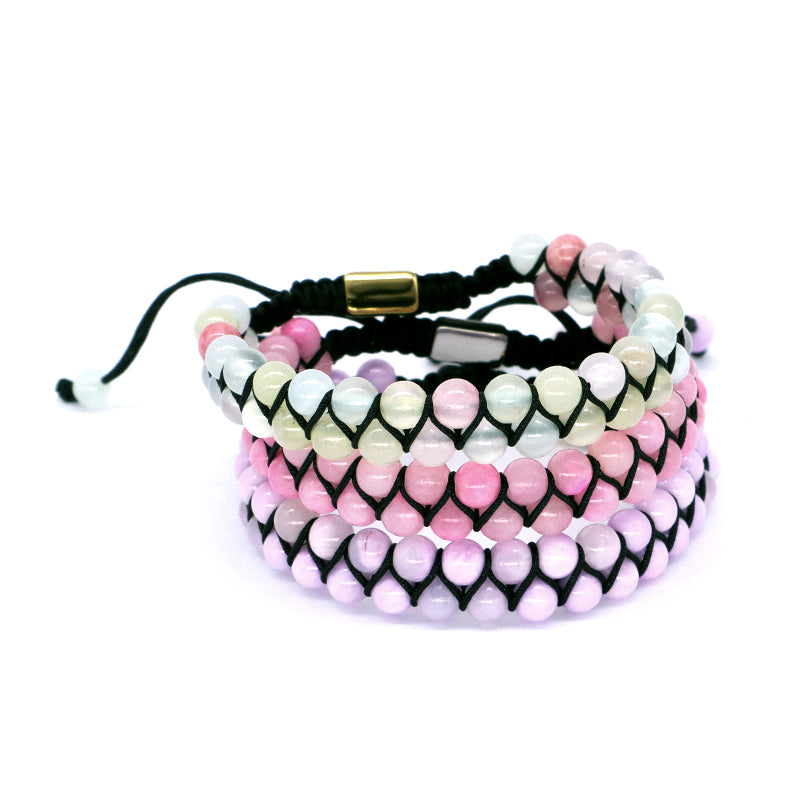 Friendship Handmade Woven Cord Custom Stainless Steel Logo 6mm Natural Colorful Jade Bead Gemstone Double Layer Macrame Bracelet