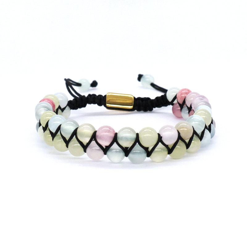 Friendship Handmade Woven Cord Custom Stainless Steel Logo 6mm Natural Colorful Jade Bead Gemstone Double Layer Macrame Bracelet