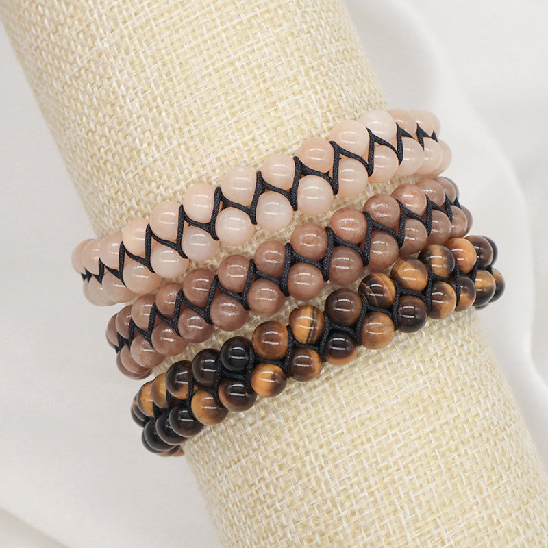 Custom Stainless Steel Logo Handmade Woven Cord 6mm Natural Colorful Jade Gemstone Double Layer Macrame mens tiger eyes Bracelet
