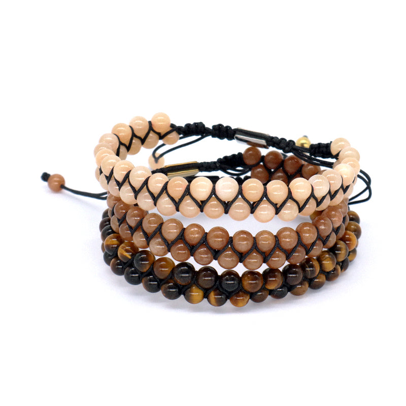 Custom Stainless Steel Logo Handmade Woven Cord 6mm Natural Colorful Jade Gemstone Double Layer Macrame mens tiger eyes Bracelet