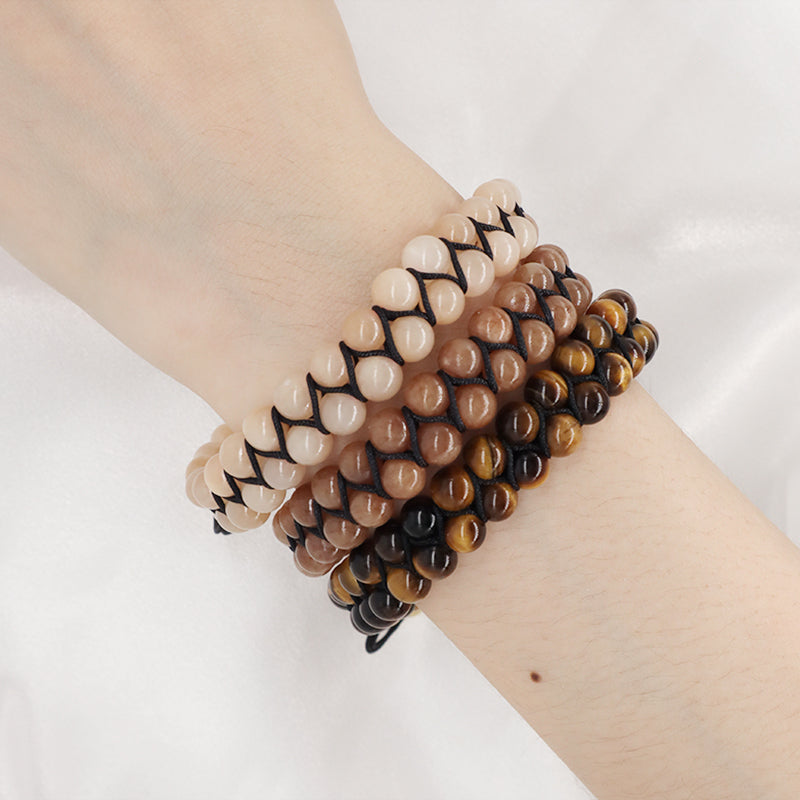 Custom Stainless Steel Logo Handmade Woven Cord 6mm Natural Colorful Jade Gemstone Double Layer Macrame mens tiger eyes Bracelet