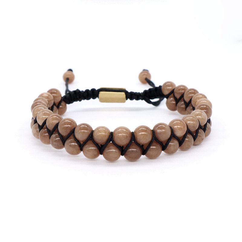 Custom Stainless Steel Logo Handmade Woven Cord 6mm Natural Colorful Jade Gemstone Double Layer Macrame mens tiger eyes Bracelet