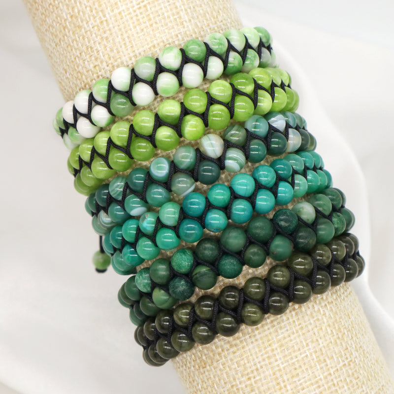 OEM Handmade Wholesale Customized Stainless Steel Logo 6mm Natural Colorful Jade Agate Pine Bead Macrame Double Layer Bracelet