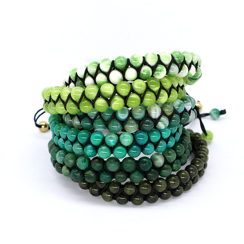 OEM Handmade Wholesale Customized Stainless Steel Logo 6mm Natural Colorful Jade Agate Pine Bead Macrame Double Layer Bracelet