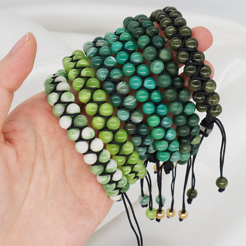 OEM Handmade Wholesale Customized Stainless Steel Logo 6mm Natural Colorful Jade Agate Pine Bead Macrame Double Layer Bracelet