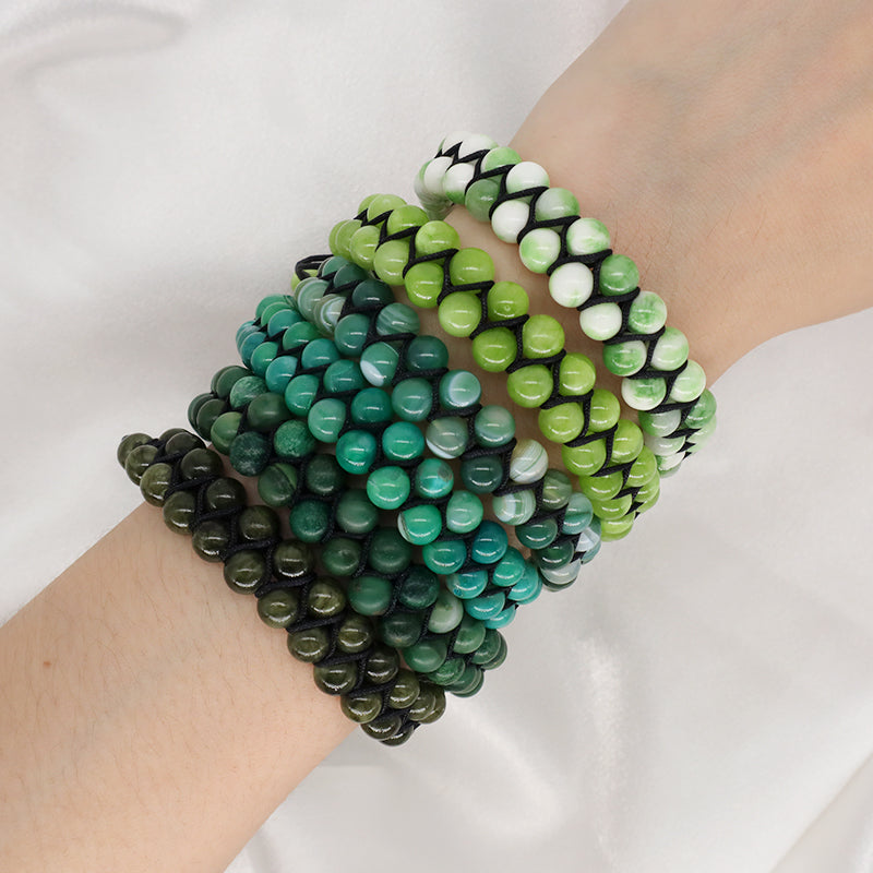 OEM Handmade Wholesale Customized Stainless Steel Logo 6mm Natural Colorful Jade Agate Pine Bead Macrame Double Layer Bracelet