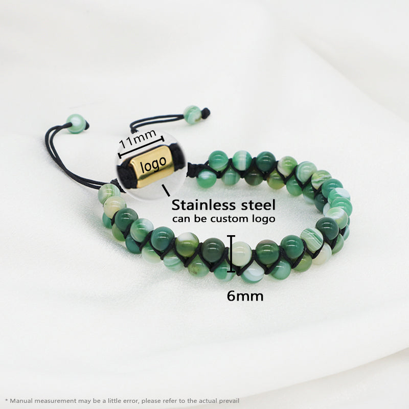 OEM Handmade Wholesale Customized Stainless Steel Logo 6mm Natural Colorful Jade Agate Pine Bead Macrame Double Layer Bracelet