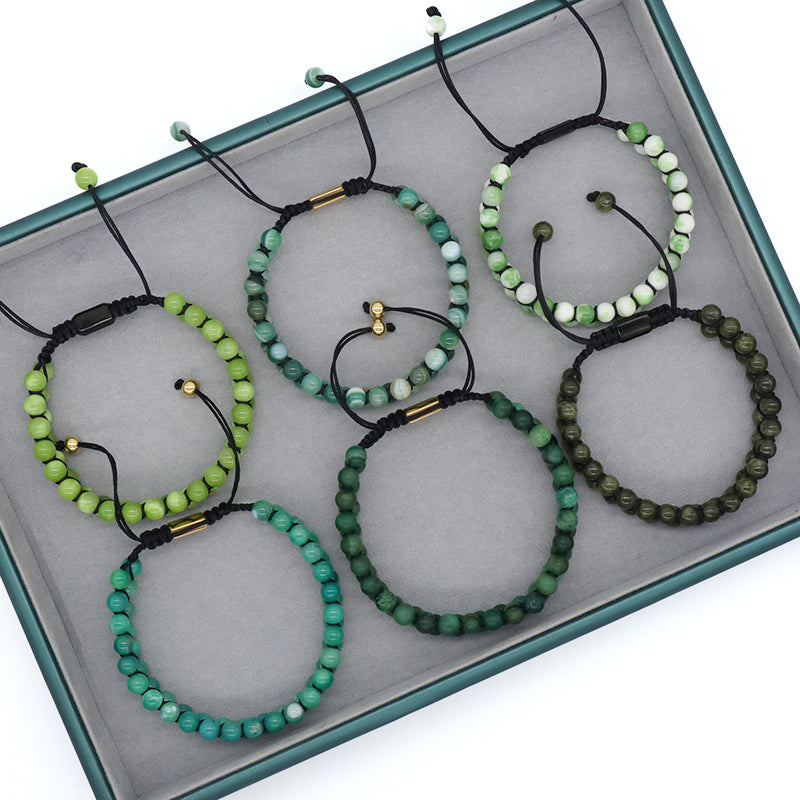 OEM Handmade Wholesale Customized Stainless Steel Logo 6mm Natural Colorful Jade Agate Pine Bead Macrame Double Layer Bracelet