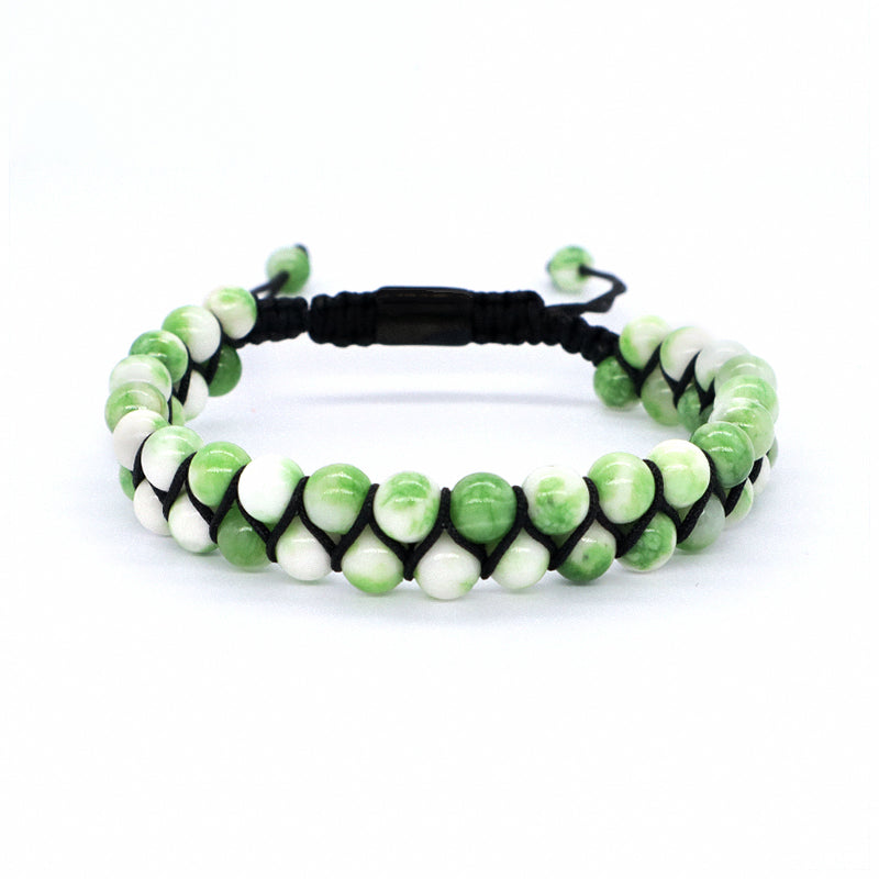 OEM Handmade Wholesale Customized Stainless Steel Logo 6mm Natural Colorful Jade Agate Pine Bead Macrame Double Layer Bracelet