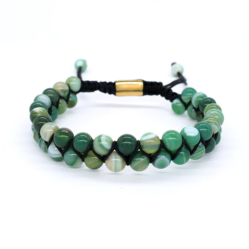 OEM Handmade Wholesale Customized Stainless Steel Logo 6mm Natural Colorful Jade Agate Pine Bead Macrame Double Layer Bracelet