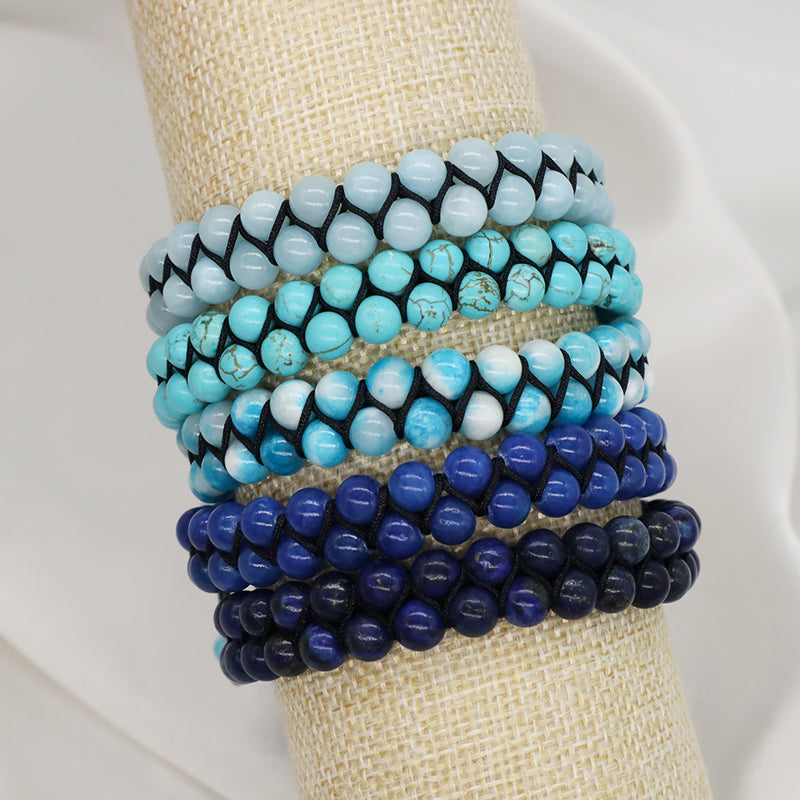 Custom Mens Women Stainless Steel Logo Handmade Woven Double Layer Macrame 6mm Colorful Jade Natural Lapis Turquoise Bracelet