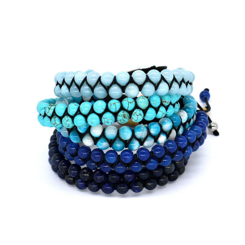 Custom Mens Women Stainless Steel Logo Handmade Woven Double Layer Macrame 6mm Colorful Jade Natural Lapis Turquoise Bracelet