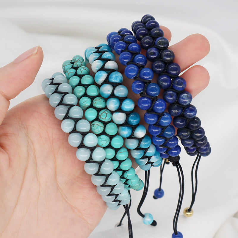 Custom Mens Women Stainless Steel Logo Handmade Woven Double Layer Macrame 6mm Colorful Jade Natural Lapis Turquoise Bracelet
