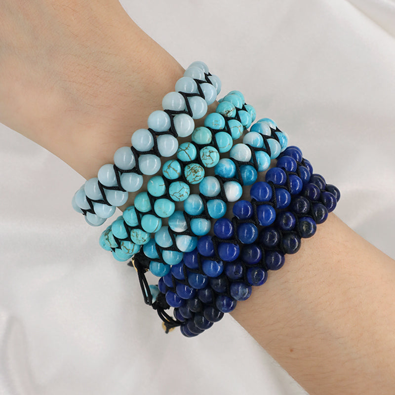 Custom Mens Women Stainless Steel Logo Handmade Woven Double Layer Macrame 6mm Colorful Jade Natural Lapis Turquoise Bracelet