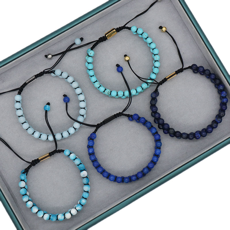 Custom Mens Women Stainless Steel Logo Handmade Woven Double Layer Macrame 6mm Colorful Jade Natural Lapis Turquoise Bracelet